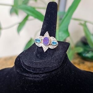 Gorgeous Sajen adjustable size sterling silver, topaz, and Druzy ring